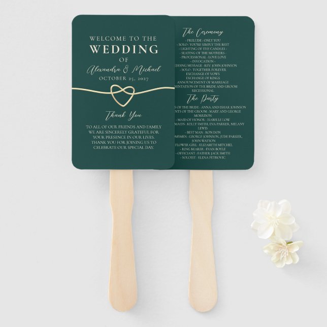 Éventail de main de programme de mariage vert émer (Devant et derrière)