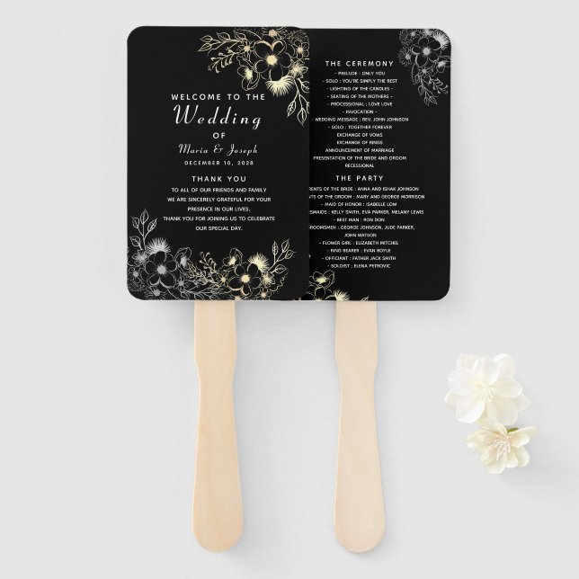 Éventail de main pour programme de mariage noir (Devant et derrière)