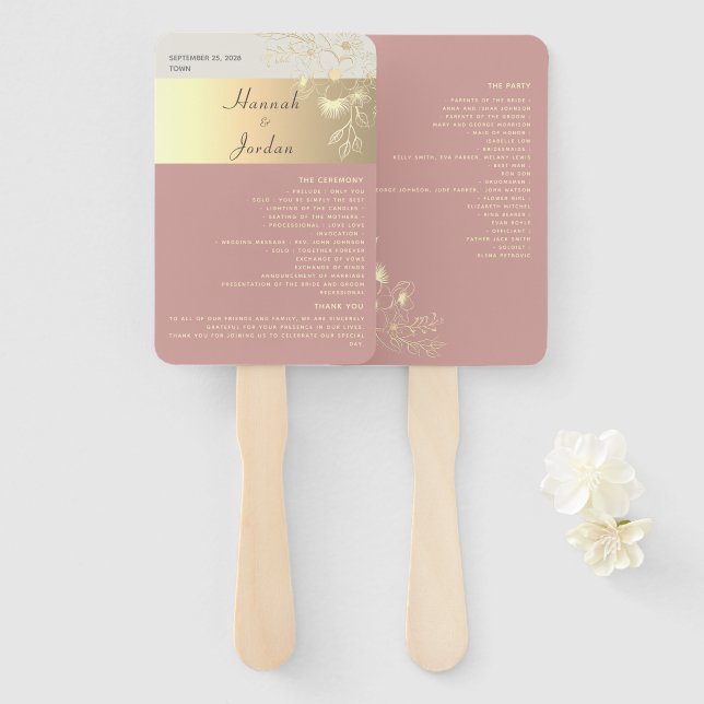 Éventail de main pour programme de mariage Rose Po (Devant et derrière)