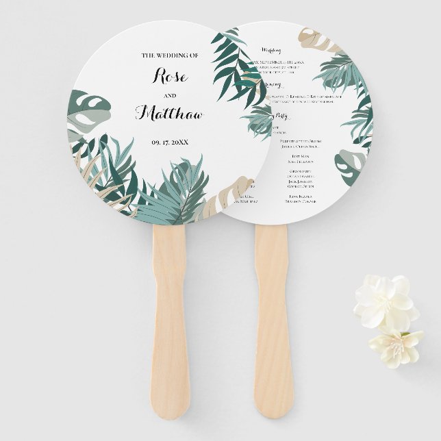 Éventail de mariage à feuilles tropicales (Devant et derrière)