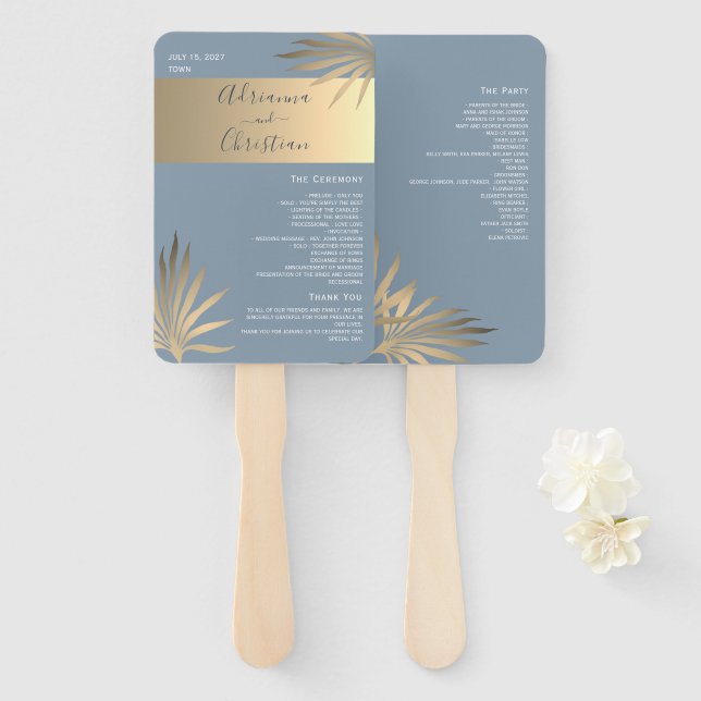 Éventail de mariage en or et bleu poussiéreux (Devant et derrière)