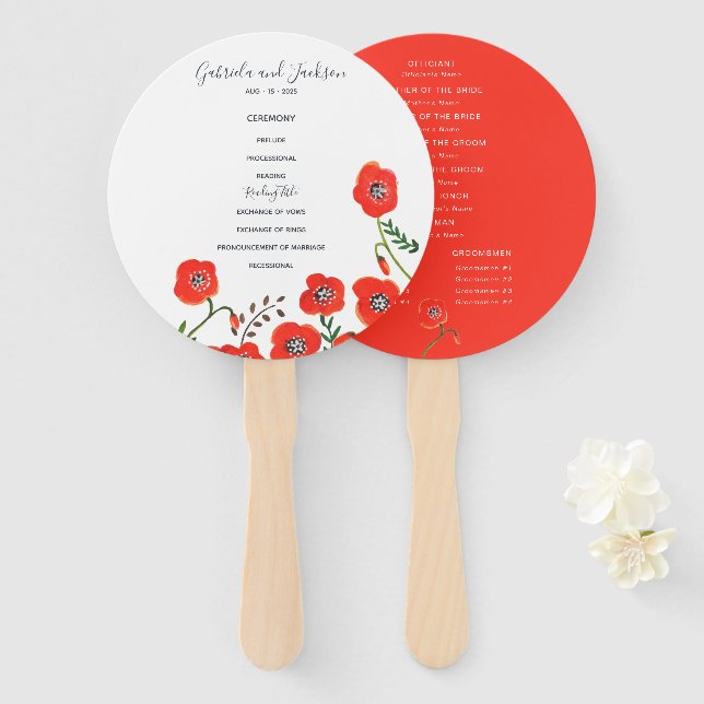 Éventail de mariage printanier avec coquelicots ro (Devant et derrière)