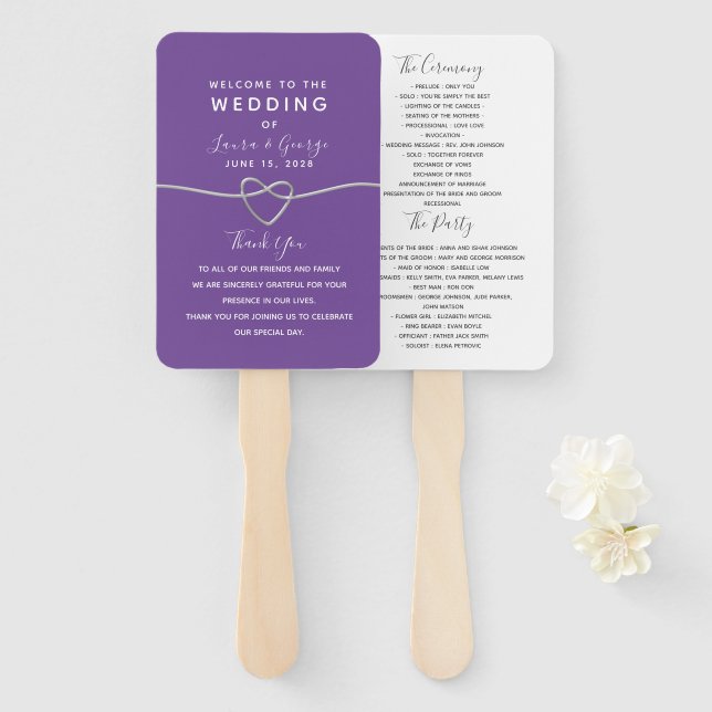 Éventail de mariage simple violet (Devant et derrière)