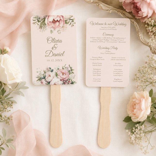 Éventail de Programme de Mariage aux Pivoines Rose (Blush & Ivory Peony Wedding Program Fan)