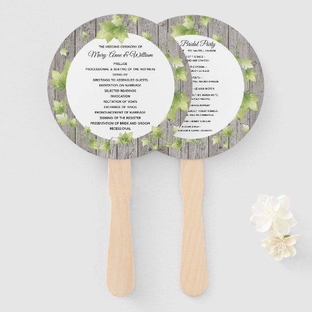 Éventail de programme de mariage en bois rustique  (Devant et derrière)