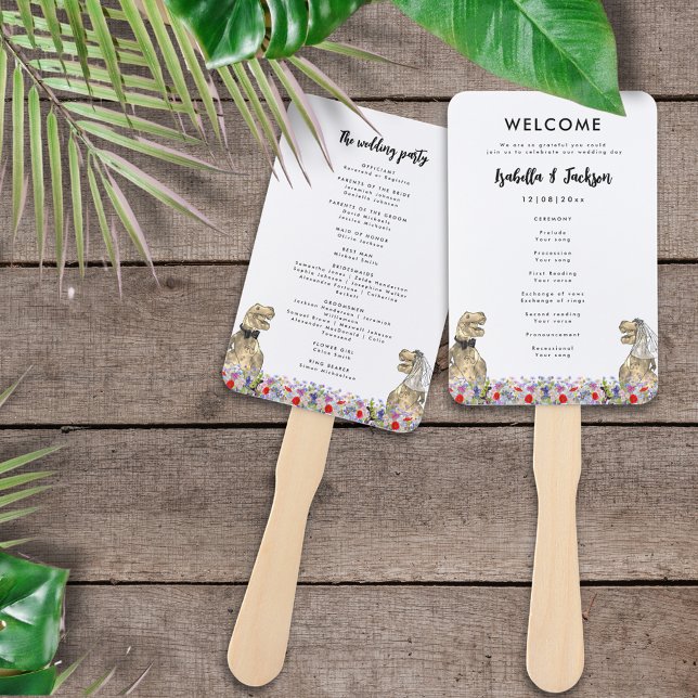 Éventail Dinosaur Thème Programme de jour de mariage (Dinosaur themed wedding day program with T-Rex bride and groom in a colorful wildflower meadow )