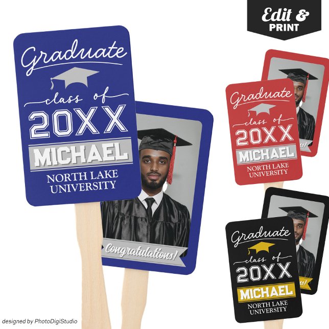 Éventail Drapeau de jardin de fin d'études personnalisé ave (Editable Graduation Hand Fan with Name & School, Custom Blue Silver Hand Fan for Graduation Ceremony)