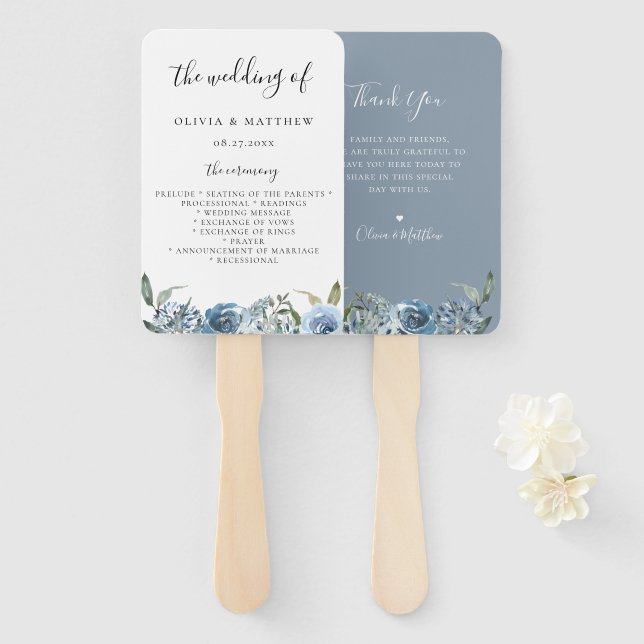 Éventail Dusty Blue Botanical Wedding Programme Fan à main (Devant et derrière)