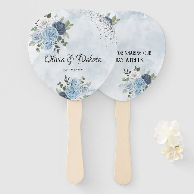 Éventail Dusty Blue Chic Aquarelle Rustic Florals Mariage (Devant et derrière)