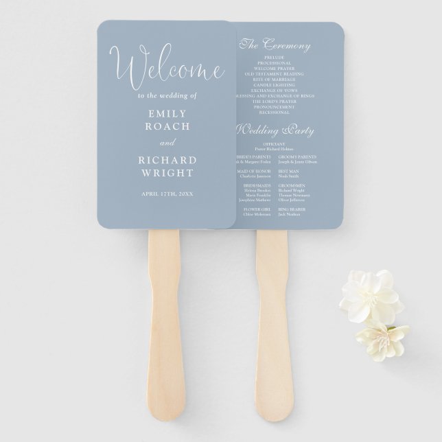 Éventail Dusty Blue Élégant Script Wedding Programme (Devant et derrière)