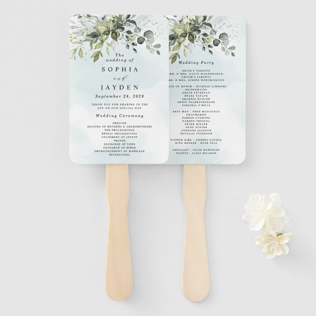 Éventail Dusty Blue Eucalyptus Green Programmes de mariage (Devant et derrière)