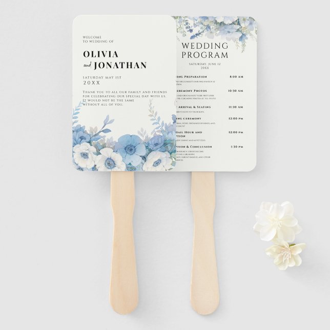 Éventail Dusty Blue Floral Élégant programme de mariage (Devant et derrière)