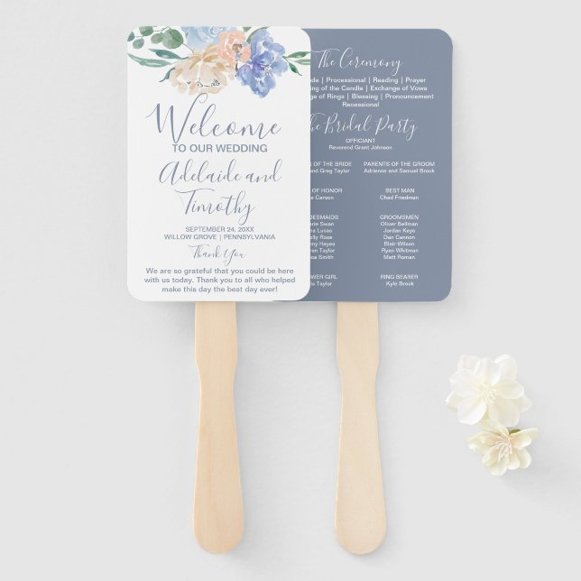 Éventail Dusty Blue Florals Programme de mariage (Devant et derrière)