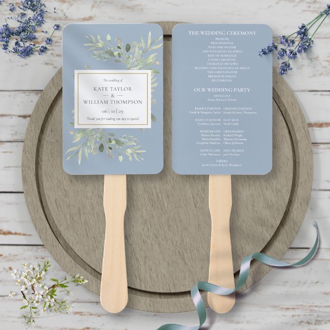 Éventail Dusty Blue Greenery Wedding Program Hand Fan (Dusty Blue Greenery Wedding Program Hand Fan)