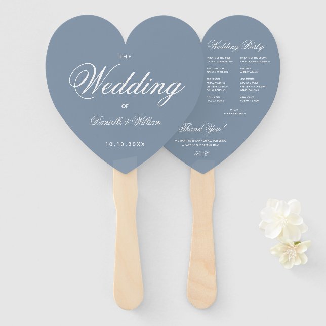 Éventail Dusty Blue Heart Elegant Script Wedding Programme (Devant et derrière)