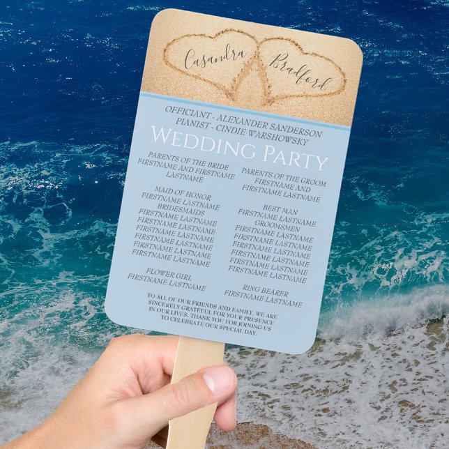 Éventail Dusty Blue Hearts in Sand Beach Wedding Programme (Créateur téléchargé)