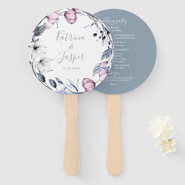 Éventail Dusty Blue Mauve Floral Mariage de couronne (Devant et derrière)