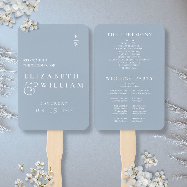 Éventail Dusty Blue Minimalist Monogram Wedding Programme (Dusty Blue Minimalist Monogram Wedding Program Hand Fan)