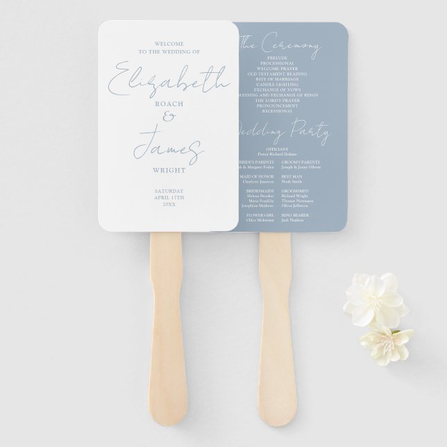 Éventail Dusty Blue Minimalist Script Wedding Programme (Devant et derrière)