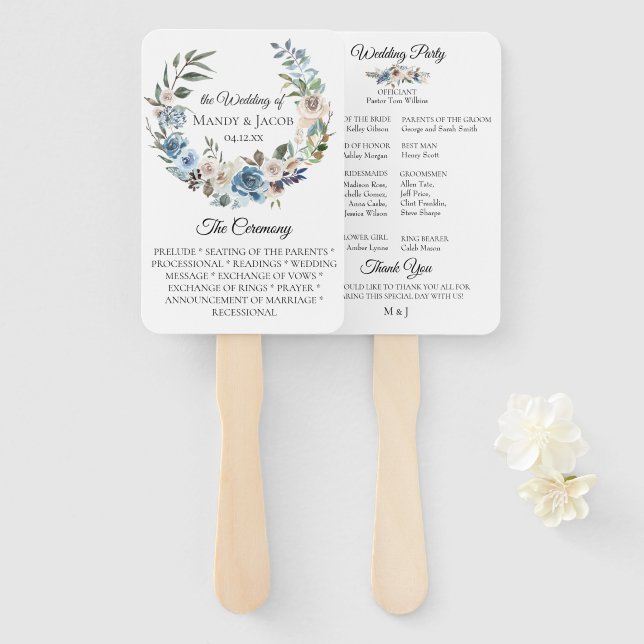 Éventail Dusty Blue Neutral Floral Wedding Programme Fans (Devant et derrière)