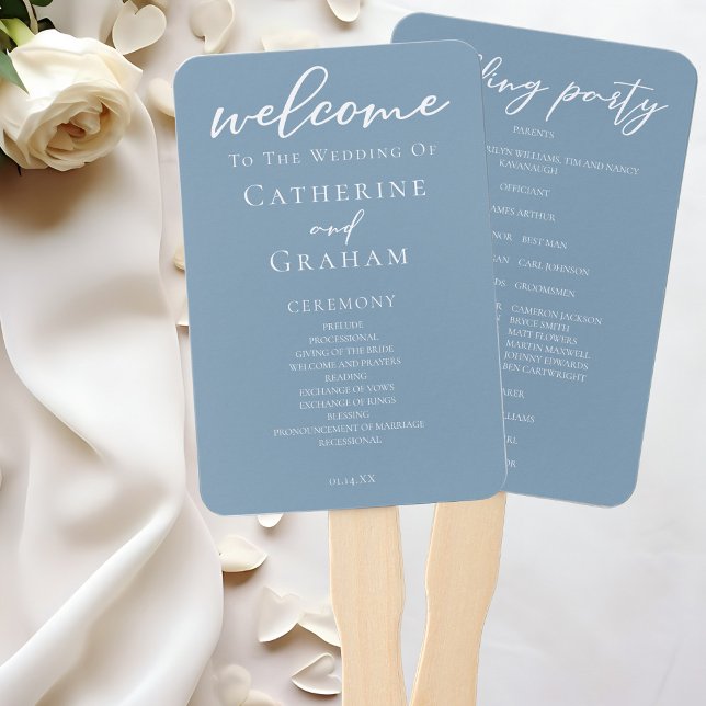 Éventail Dusty Blue White Typographie Programme de mariage (Créateur téléchargé)