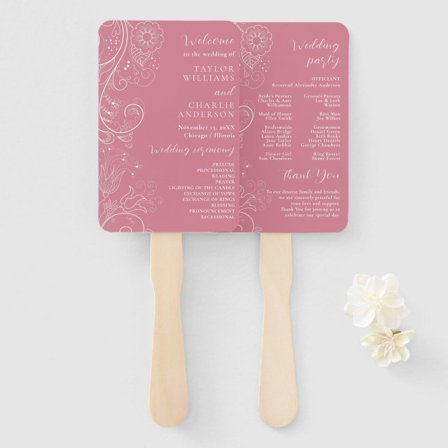 Éventail Dusty Pink Elegant Floral Wedding Programme (Devant et derrière)