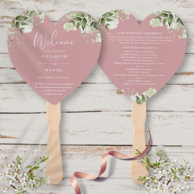 Éventail Dusty Rose Programme de mariage vert Coeur (Dusty Rose Greenery Wedding Program Heart Hand Fan)
