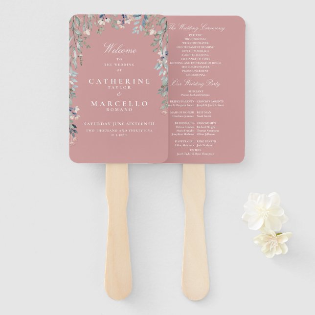Éventail Dusty Rose Rose Floral Programme de mariage en cas (Devant et derrière)
