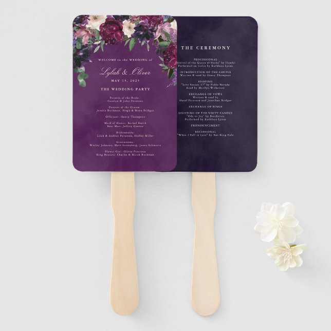 Éventail Éggplant Purple Floral Programme de mariage Ventil (Devant et derrière)