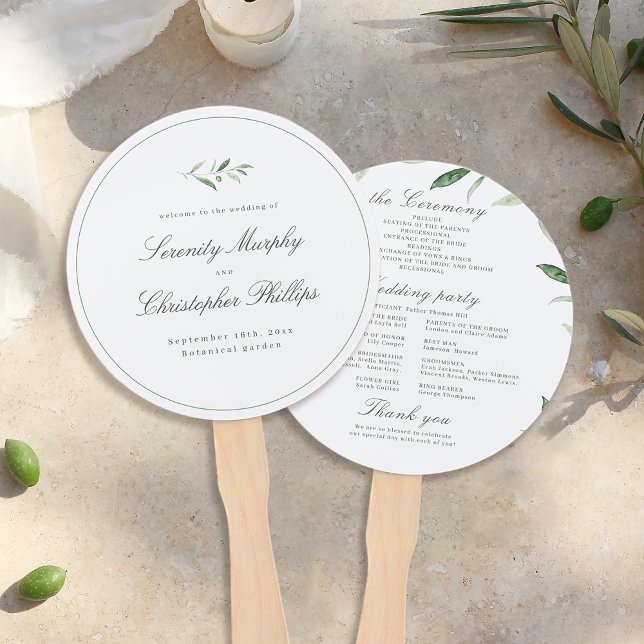 Éventail Élégance classique Script Programme de mariage ver (Classic Elegance Script Greenery Wedding Program Hand Fan)