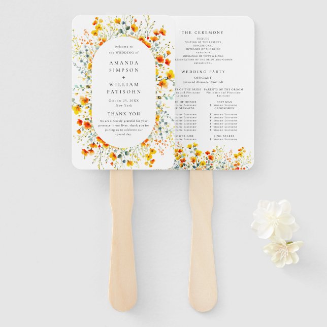 Éventail Elégant Aquarelle Fleurs sauvages Programme de mar (Devant et derrière)