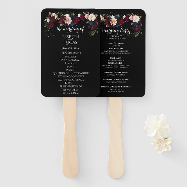 Éventail Élégant Black Floral Programme de mariage Ensemble (Devant et derrière)