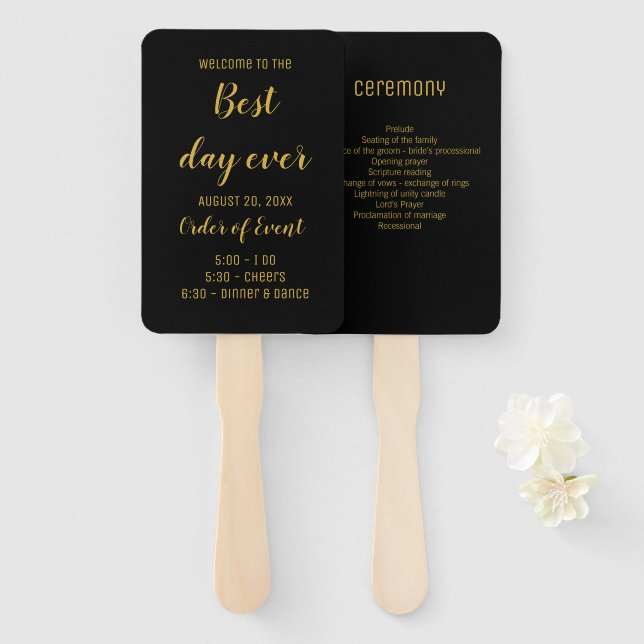 Éventail Élégant Black & Gold Script Wedding Programme (Devant et derrière)