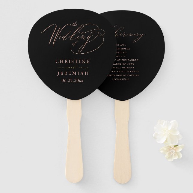 Éventail Élégant Black Rose Gold Script Wedding Programme (Devant et derrière)