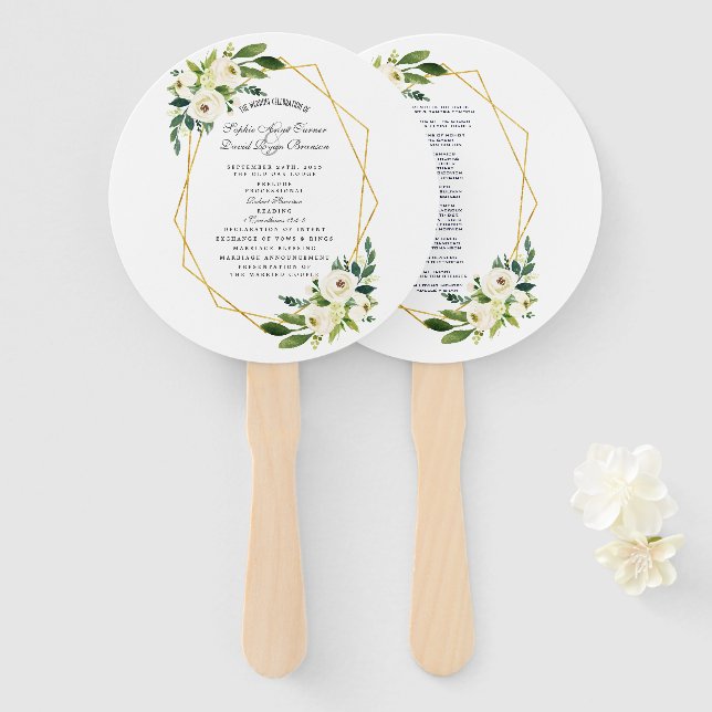 Éventail Élégant Blanc Floral Gold Frame Programme de maria (Devant et derrière)