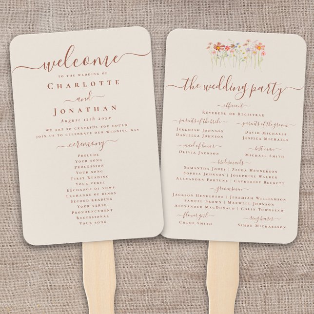 Éventail Elegant Boho Fall Wildflower Wedding Ceremony (Boho fall Wildflower meadow garden floral BEIGE TAN TERRACOTTA RUST SCRIPT Wedding ceremony program )
