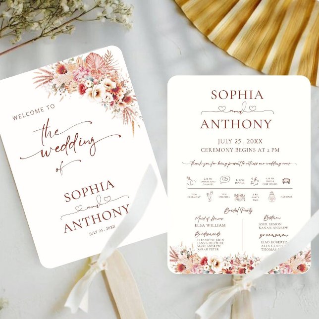 Éventail Élégant Boho Pampas Programme de mariage floral Ve (Créateur téléchargé)