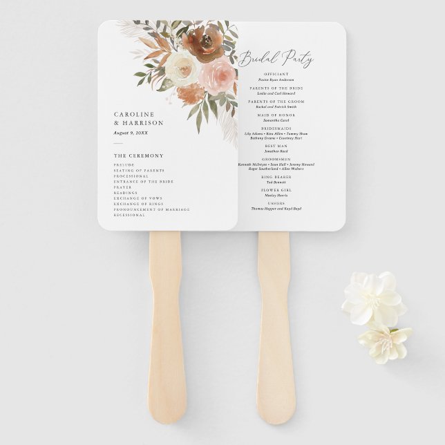 Éventail Élégant Boho Terracotta Floral Wedding Programme (Devant et derrière)