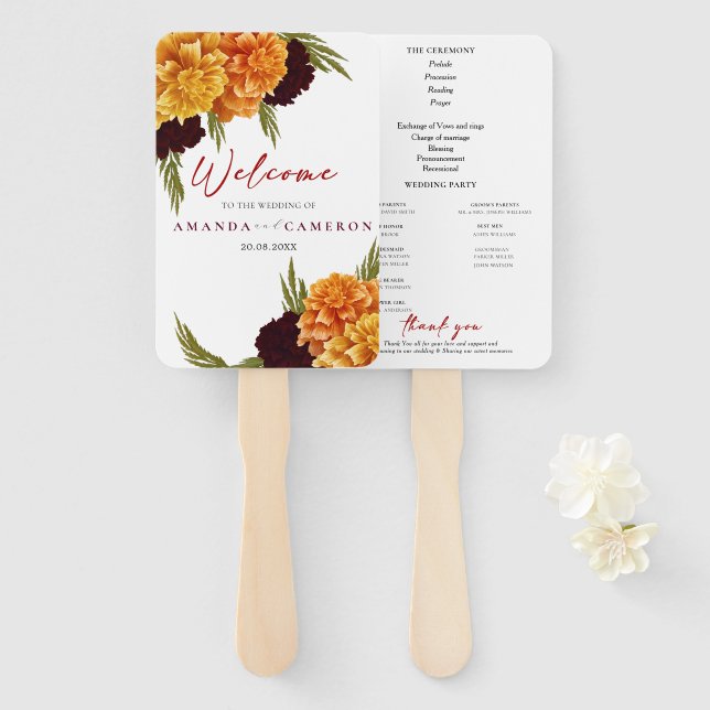 Éventail Elegant Burgundy Red "MARIGOLD" Wedding Program  (Devant et derrière)