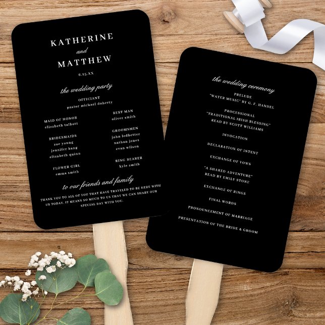 Éventail Élégant Chic Black Mariage programme de cérémonie (Elegant Chic Black & White Wedding Ceremony Program Hand Fan)