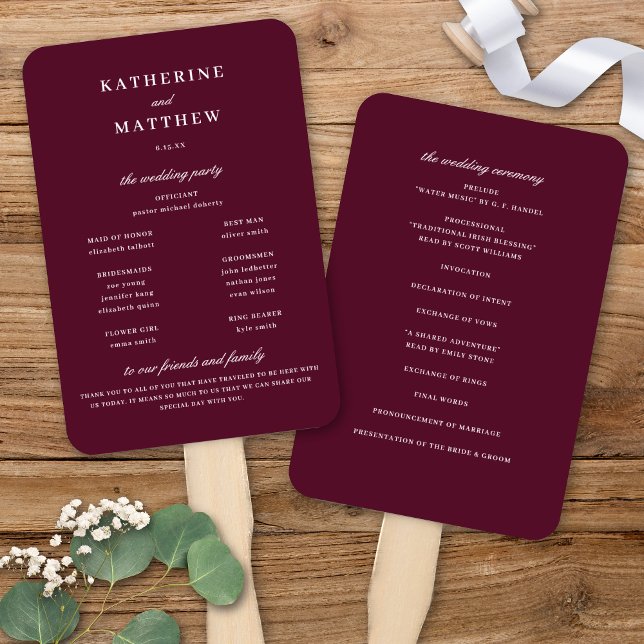 Éventail Elégant Chic Bourgogne Mariage programme de cérémo (Elegant Chic Burgundy Merlot Wedding Ceremony Program Hand Fan)