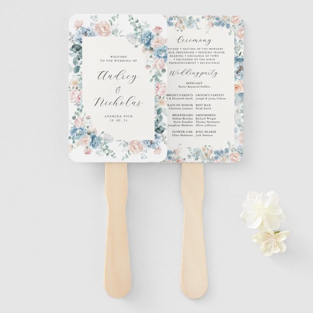 Éventail Élégant Dusty Blue Floral Peach Programme de maria (Devant et derrière)