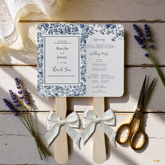 Éventail Elegant Dusty Blue Toile Floral Wedding Program