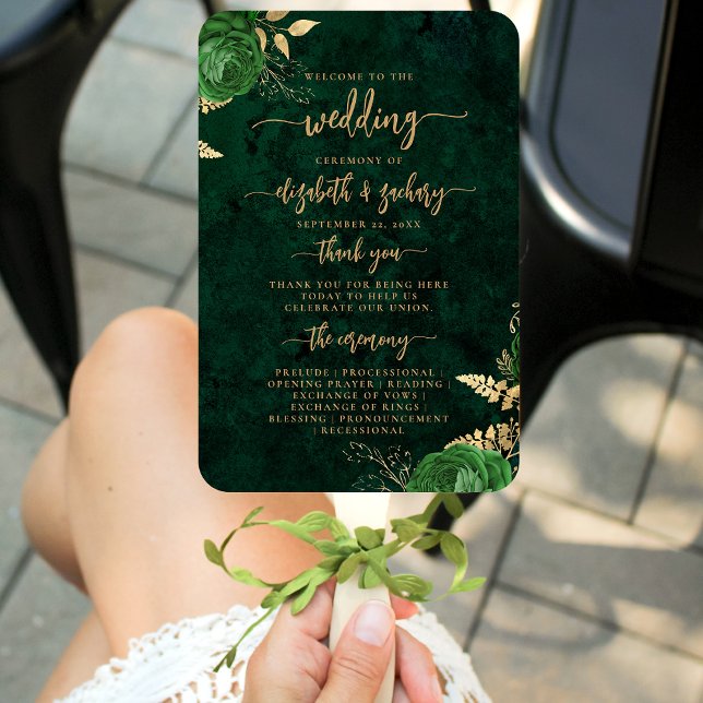Éventail Elegant Emerald Green Floral Agate Wedding Program (Créateur téléchargé)