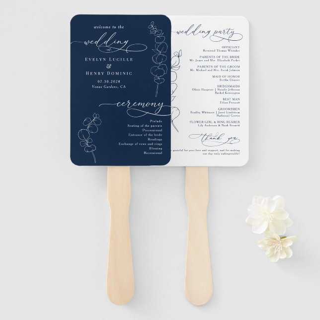 Éventail Elegant Eucalyptus Navy Blue Wedding Program (Devant et derrière)