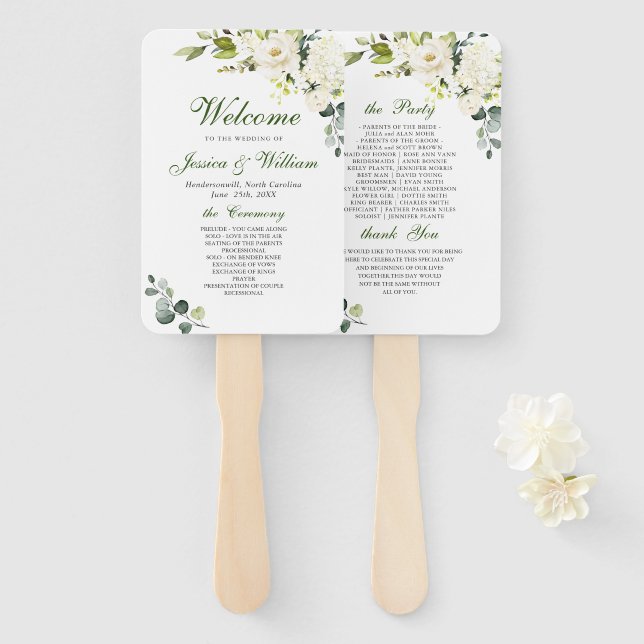Éventail Elégant Eucalyptus White Roses Programme de mariag (Devant et derrière)