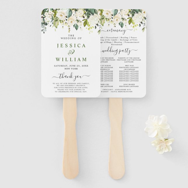 Éventail Elégant Eucalyptus White Roses Programme de mariag (Devant et derrière)