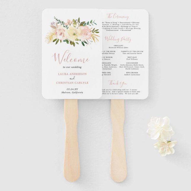 Éventail Élégant Floral Gold Blush Pink Wedding Programme (Devant et derrière)
