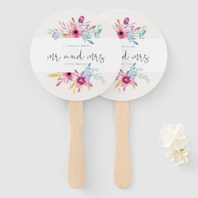Éventail Élégant Floral Mr & Mrs Mariage | Ventilateurs (Devant et derrière)