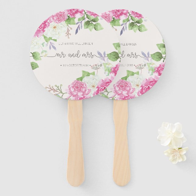 Éventail Élégant Floral Mr & Mrs Mariage | Ventilateurs (Devant et derrière)